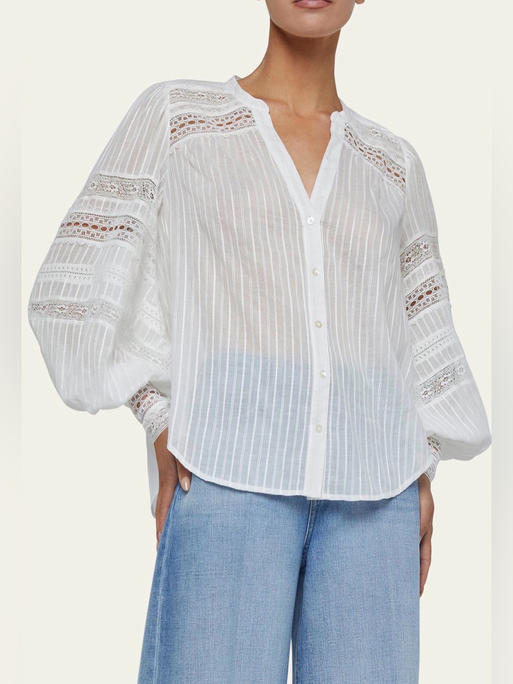L'AGENCE Kiera Semi-Sheer Geometric-Trim Blouse in Ivory